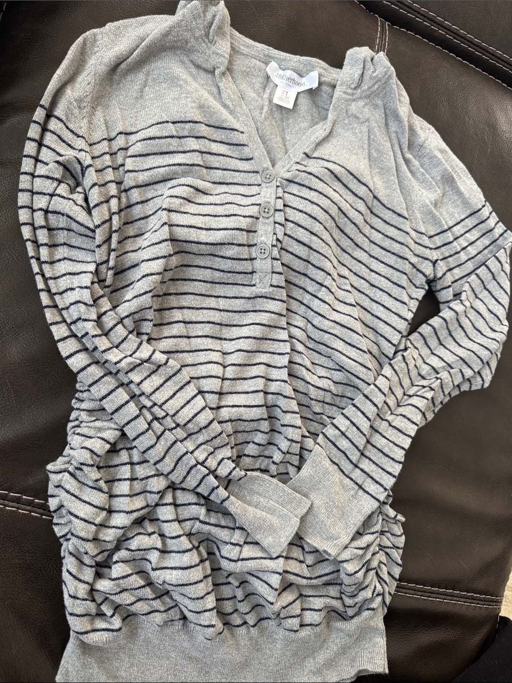 Motherhood Maternity Gray and Navy Striped Lightweight Henley Sweater